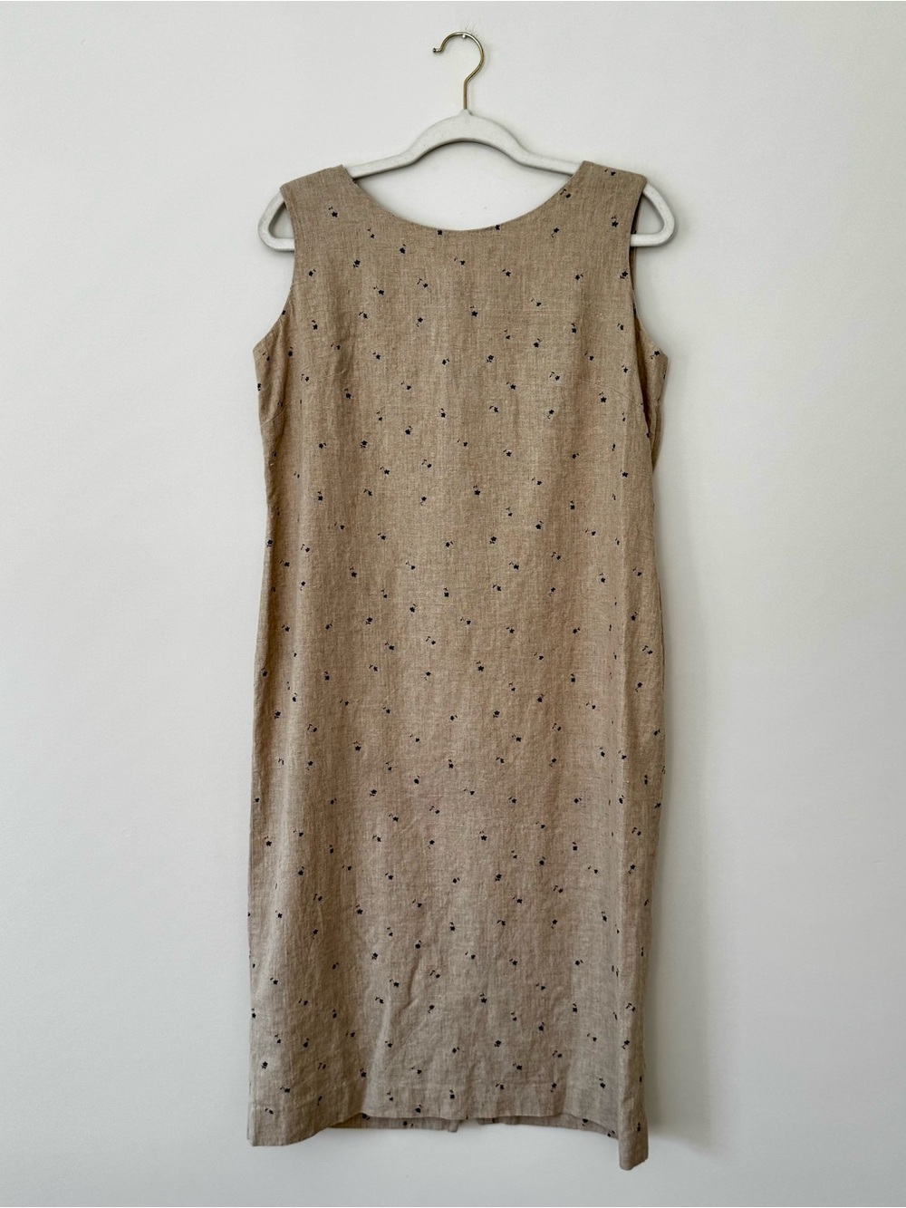 Leslie Fay 90s Linen Blend Floral Sleeveless Shift Midi Dress, Beige – 12 Petite
